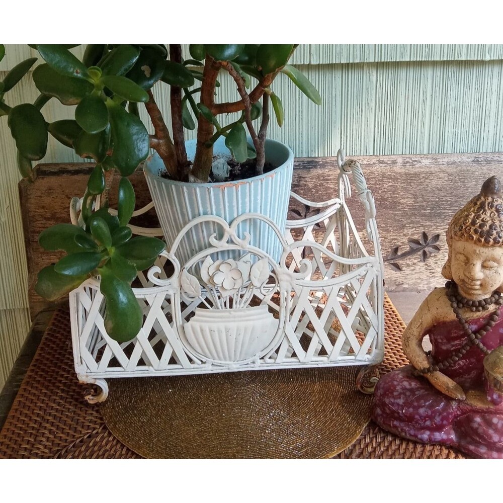 Wrought Iron Planter, Ornate Scrollwork, 1920's Antique, White 24x7, two 6" pots